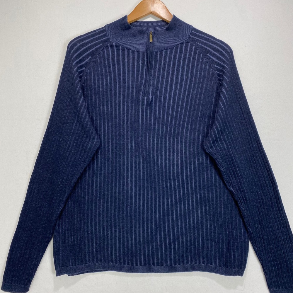 BACHRACH Men Pullover Sweater Navy Blue Ribbed Half Zip SZ XL Silk Cotton Blend